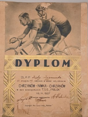 [FIRST LOCOMOTIVE FACTORY IN CHRZANÓW] DIPLOMA. CHRZANÓW-NIWKA-CHRZANÓW CYCLING RACE. 1937 YEAR. FABLOK SPORTS CLUB