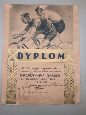[FIRST LOCOMOTIVE FACTORY IN CHRZANÓW] DIPLOMA. CHRZANÓW-NIWKA-CHRZANÓW CYCLING RACE. 1937 YEAR. FABLOK SPORTS CLUB