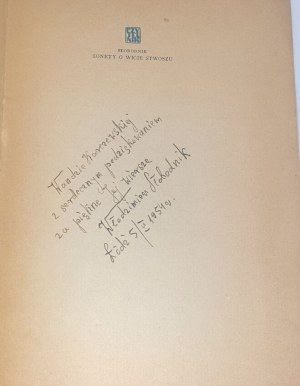 SLOBODNIK- SONETS ABOUT WIC STWOSZ AND THREE POEMS 1st ed. Dedication by the Author to Wanda Karczewska.