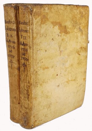 [ASTRONOMIA] MANFREDI- NOVISSIMAE EPHEMERIDES MOTUUM COELESTIUM E CASSINIANIS TABULIS AD MERIDIANUM BONONIAE SUPPUTATE. Vol. 1-2 [complete in 2 vols.] Bologna 1725