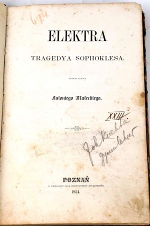 MAŁECKI - ELEKTRA The Tragedy of Sophocles. First Polish edition, 1854