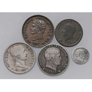 Napoleonic Coins Minted in Italy - Lotto di cinque monete, di cui tre in AG. Da ...