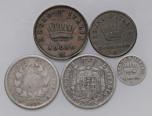 Napoleonic Coins Minted in Italy - Lot of five coins, including three in AG. From ...