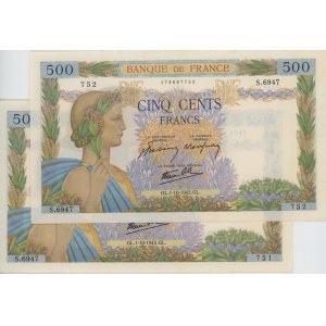 Zahraničné bankovky - FRANCÚZSKO 500 frankov 01-10-1942 pick#95b 2 exempláre...