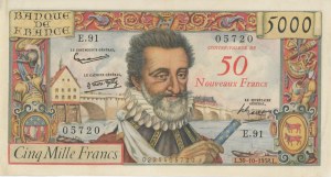 Foreign Banknotes - FRANCE 50 Nouveaux Francs on 5000 Francs 30-...