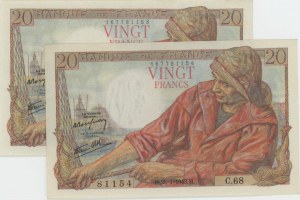 Foreign Banknotes - FRANCE 20 Francs 28-01-1943 lot of 2 examples...