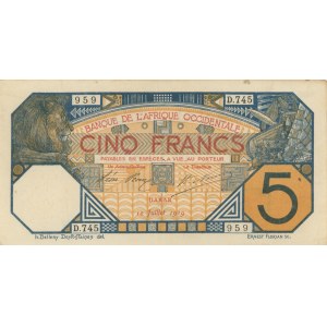 Foreign Banknotes - FRENCH WEST AFRICA DAKAR 5 Francs 1919 pick#5...