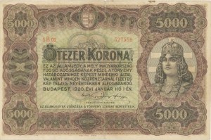 Foreign Banknotes - HUNGARY 5000 Korona 1920 pick#67 Cuts...