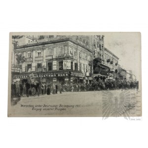 1915 r. - Pocztówka Niemiecka Wkroczenie Wojsk Niemieckich do Warszawy; Skrzyżowanie Nowego Światu z ul. Ordynacką