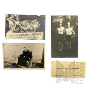 Three Photographs: Photograph of Young Men (?), Hasty Moro Photography, Warsaw, Freta 16; Tombstone of Tomasz Zamoyski; Cruise Ship; Business Card, Strykow k. Lodz.