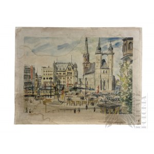 Kurt Marholz (1905-1984) - Obraz náměstí Marktplatz, Cáchy, Německo (1960), tištěná reprodukce