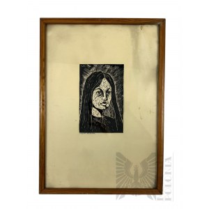 Urszula Wolszczak (XX w.) - Obraz “Portret Kobiety”, Linoryt na Papierze; Oprawa Centrala Księgarstwa „DK”, Zakład Obrotu Wydawnictwami Artystyczno-Graficznymi