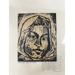 Urszula Wolszczak (XX w.) - Obraz “Kobieta w Chuście”, Linoryt na Papierze; Oprawa Centrala Księgarstwa „DK”, Zakład Obrotu Wydawnictwami Artystyczno-Graficznymi