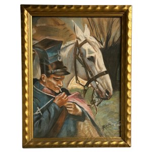 Według Wojciech Kossak (1856-1942) - Obraz Ułan Zapalający Papierosa, Pastel na Papierze; Kopia P. Rykała