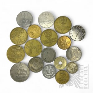 Set of 20 Foreign Coins - Slovakia, Mexico, Japan, France, Yugoslavia, Collector's Tokens.