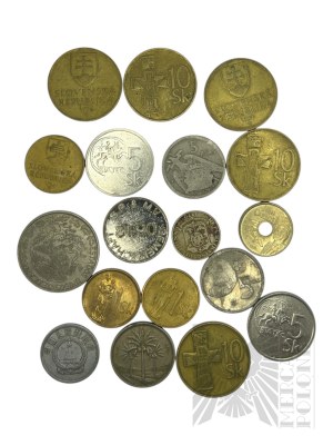 Set of 20 Foreign Coins - Slovakia, Mexico, Japan, France, Yugoslavia, Collector's Tokens.