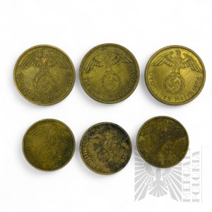 Third Reich - 3 Coins of 10 Reichspfennig and 3 Coins of 5 Reichspfennig.