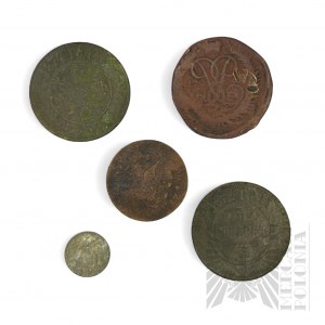 Coin Set: 5 Kopiejek 1872 (?), 5 Kopiejek 1874, 2 Kopiejek 175X. (Copy?), Zetron Spiel Munze coin, 1 Penny (?) coin.