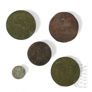 Coin Set: 5 Kopiejek 1872 (?), 5 Kopiejek 1874, 2 Kopiejek 175X. (Copy?), Zetron Spiel Munze coin, 1 Penny (?) coin.