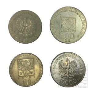 PRL/III Republic - Four Commemorative Coins: 50 Gold 50th Anniversary of the Third Silesian Uprising (1971), 100 Gold - XXX Years of the Polish People's Republic (1974), 10 Gold FAO Fiat Panis (1971), 10,000 Gold Solidarity 1980-1990 (1990).