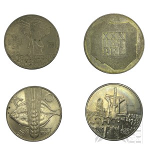 PRL/III Republic - Four Commemorative Coins: 50 Gold 50th Anniversary of the Third Silesian Uprising (1971), 100 Gold - XXX Years of the Polish People's Republic (1974), 10 Gold FAO Fiat Panis (1971), 10,000 Gold Solidarity 1980-1990 (1990).