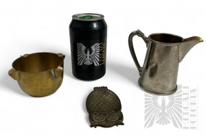 Metal Set: Creamer, Ashtray, Owl Stand