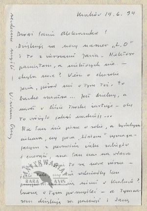 Die-cut with a handwritten letter from W. Szymborska to A. Rybczynski, dated. 19 VI 1994