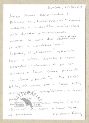 Die-cut with a handwritten letter from W. Szymborska to A.Rybczynski, dated. 24 X 2003