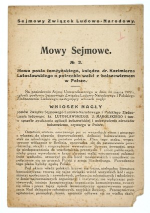 Speech of MP [...] K. Lutoslawski on the need to fight Bolshevism in Poland [1919].