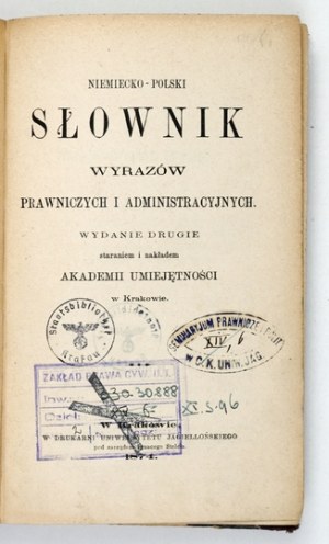 GERMAN-POLISH dictionary of legal and administrative words. 1874