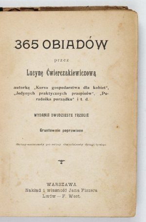 ĆWIERCZAKIEWICZOWA Lucyna - 365 dinners [...]. 1917