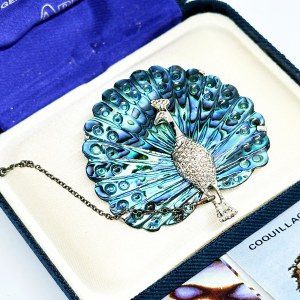 Ariki rhodium-plated mother-of-pearl brooch in the form of a Peacock, full set