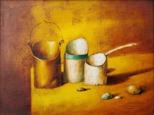 Gennadiy Tishchenko, Still life with a white saucepan,