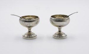 Pair of salt shakers with spoons