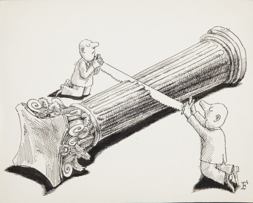 Jerzy Flisak (1930 Warszawa - 2008 Warszawa), Piłowanie kolumny, ilustracja satyryczna