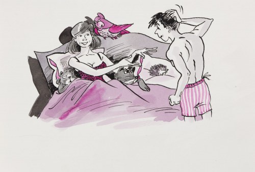 Szarlota Pawel (1947 - 2018 ), W łóżku, ilustracja satyryczna