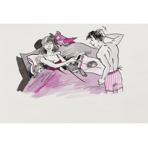 Szarlota Pawel (1947 - 2018 ), W łóżku, ilustracja satyryczna