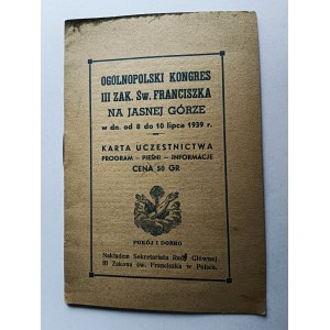 PROGRAM BROSZURA CZĘSTOCHOWA JASNA GÓRA, OGÓLNOPOLSKI KONGRES III ZAK ŚW FRANCISZKA 1939 R, KINO GOLGOTA