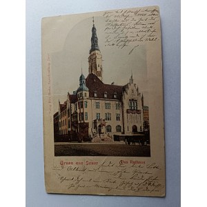 POCZTÓWKA JAWOR JAUER, RATUSZ, DŁUGI ADRES, 1900 R, STEMPEL