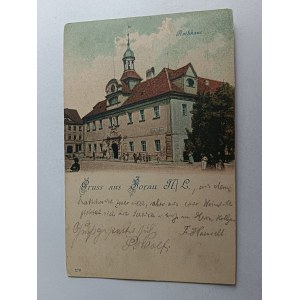 POCZTÓWKA ŻARY SORAU, RATUSZ, DŁUGI ADRES, 1900 R, ZNACZEK, STEMPEL