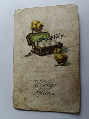CHRISTMAS POSTCARD SUITCASE EASTER EGGS CHICKEN BASE