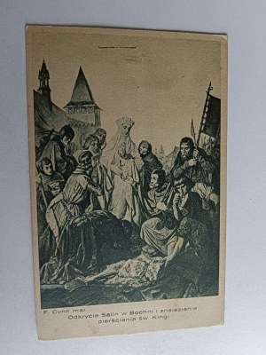 POSTCARD PAINTING POLISH ZINC, DISCOVERY OF SALINAS IN BOCHNIA, FINDING THE RING OF ST. KINGA, DAMAGED