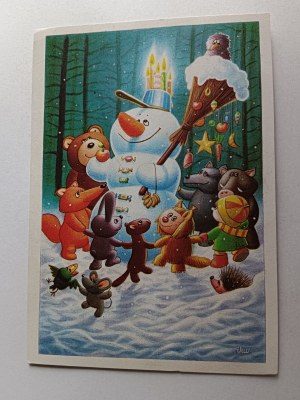 CHRISTMAS POSTCARD, SMITH EVENING, SNOWMAN, ANIMALS, FAIRY TALE