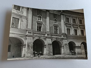 POSTCARD PRL ZAMOSC FACADE OF THE BUILDING AT 5 MICKIEWICZA SQUARE, MOTORCYCLE, MOTORCYCLE