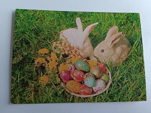 PRL HOLIDAY POSTCARD PISANKI RABBIT HARE, FOT JABŁOŃSKA