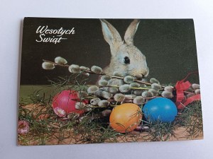 PRL HOLIDAY POSTCARD PISANKI RABBIT HARE, FOT JABŁOŃSKA