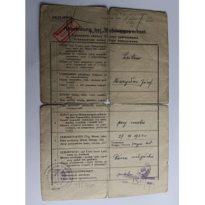 ZGŁOSZENIE ZMIANY MIEJSCA ZAMIESZKANIA PRZEMYŚL PIECZĄTKA STEMPEL ZNACZEK 1942 R, W POŁOWIE NADERWANE, SWASTYKA