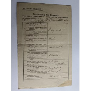 ZGŁOSZENIE ZAMIESZKANIA PRZEMYŚL, PIECZĄTKA, ZNACZEK 1940 R, SWASTYKA