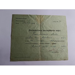 ŚWIADECTWO SZCZEPIENIA OSPY NIEDOBCZYCE RYBNIK 1929 R