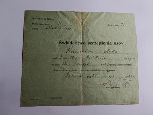 SMALLPOX VACCINATION CERTIFICATE NIEDOBCZYCE RYBNIK 1929